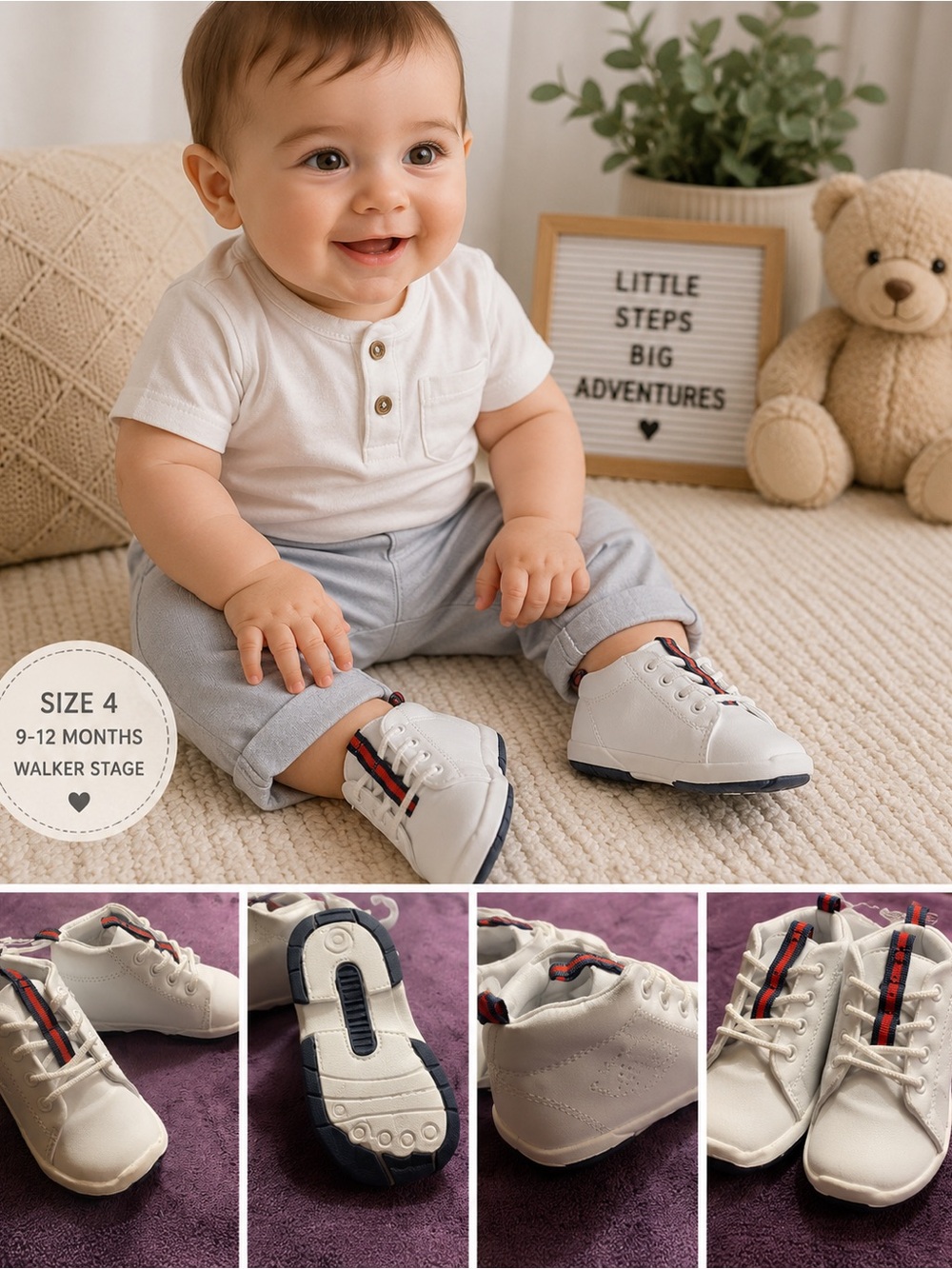 New Unisex Baby White Walker Sneakers Size 4 Infant Crib Shoes 9-12 Months